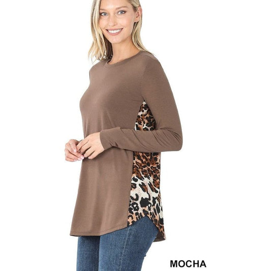 Contrast side panel leopard print long sleeve top