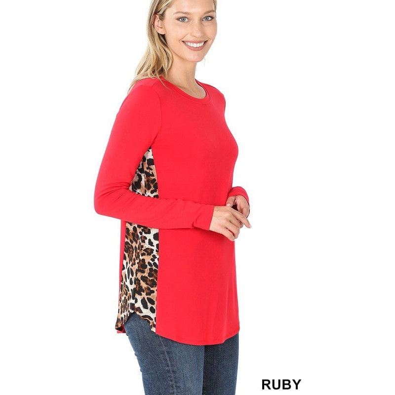 Contrast side panel leopard print long sleeve top