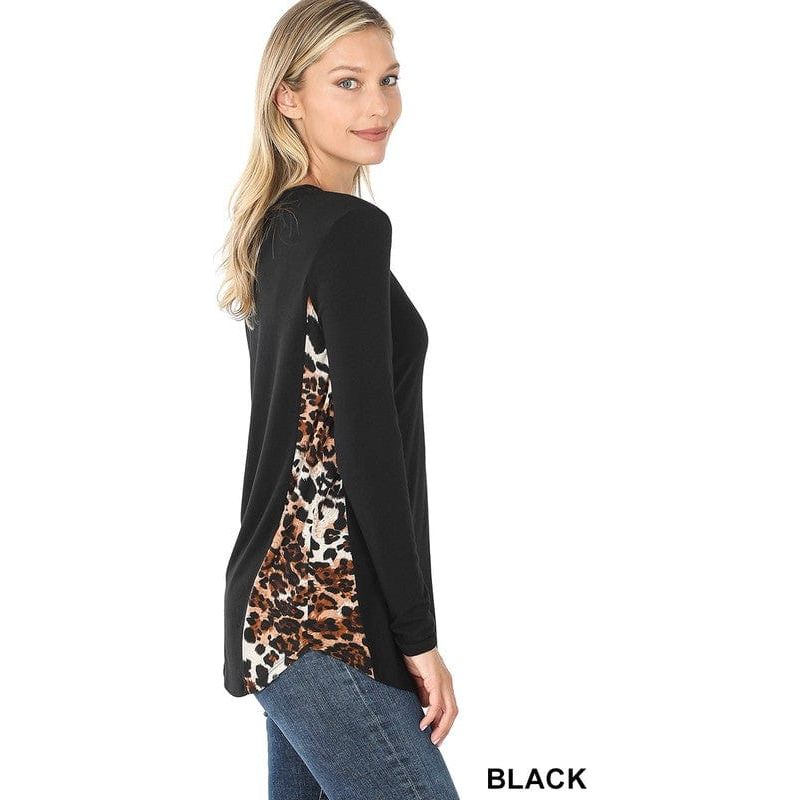 Contrast side panel leopard print long sleeve top