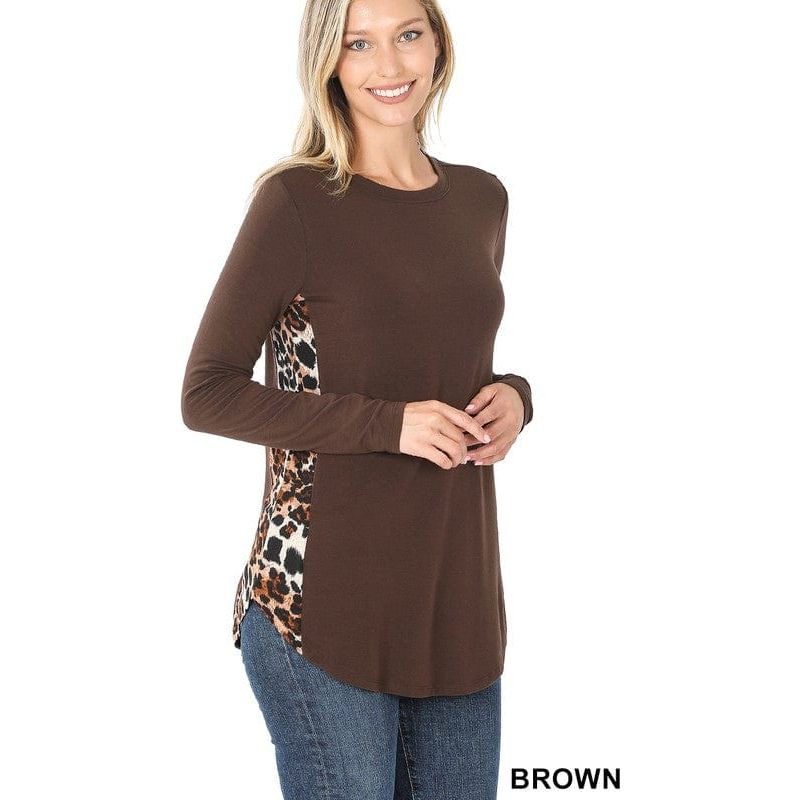 Contrast side panel leopard print long sleeve top