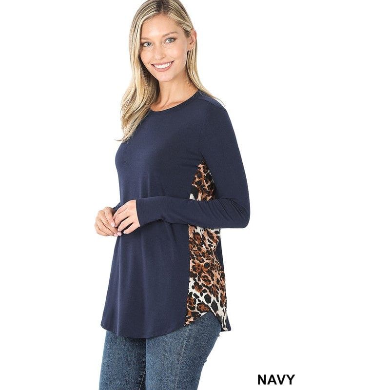 Contrast side panel leopard print long sleeve top