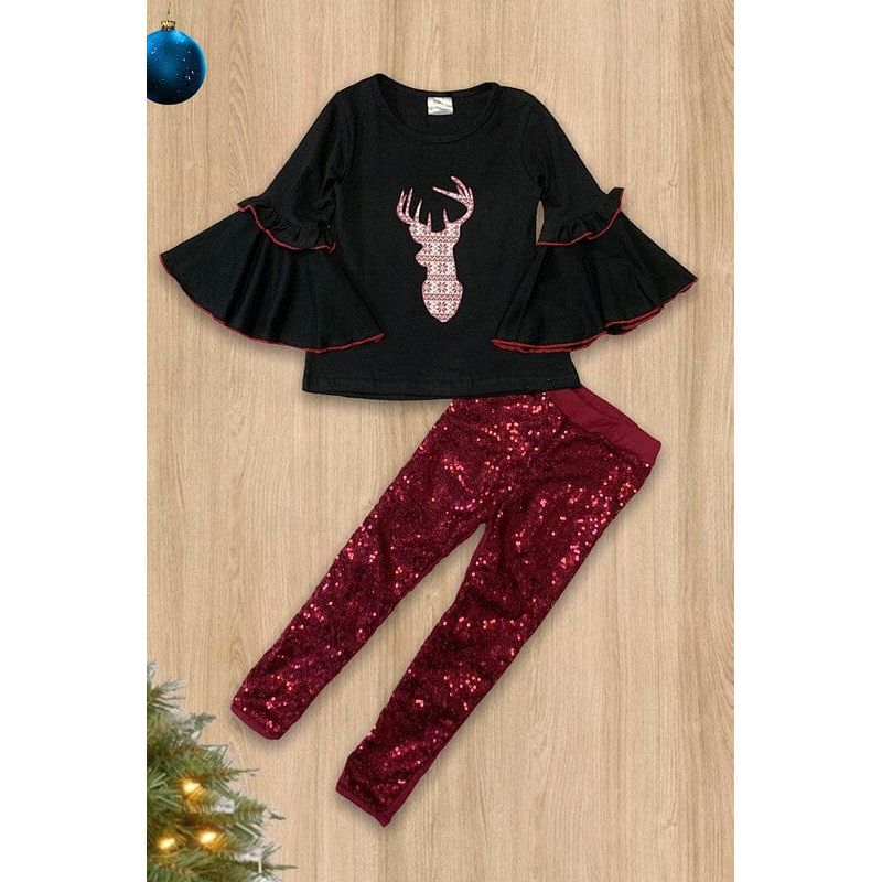Deer antler printed bell sleeve with sequins leggings.