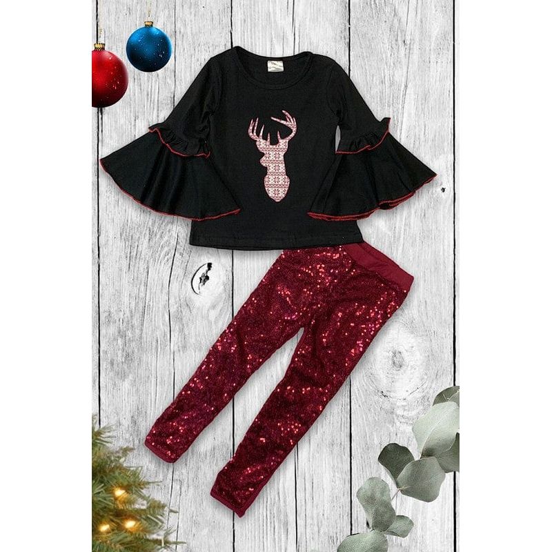 Deer antler printed bell sleeve with sequins leggings.
