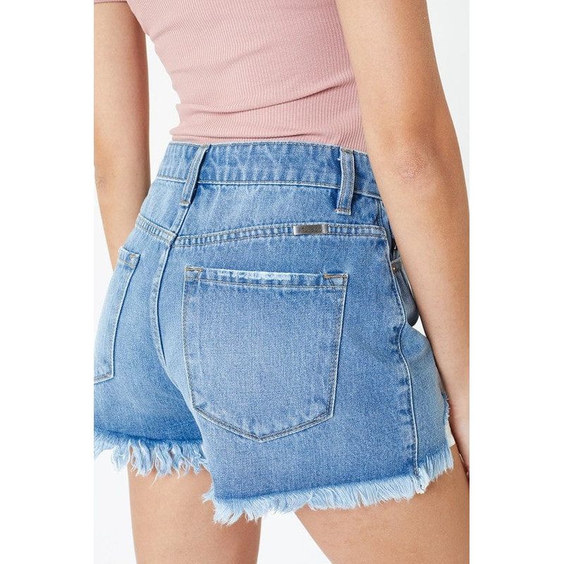 High rise medium wash frayed hem shorts- kc7259mn