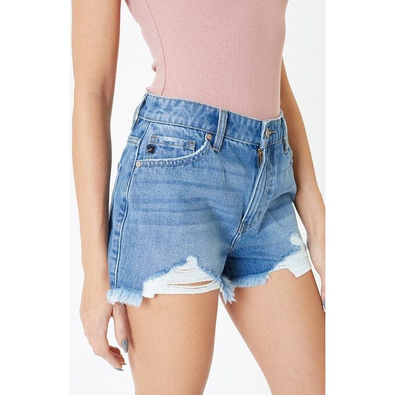 High rise medium wash frayed hem shorts- kc7259mn