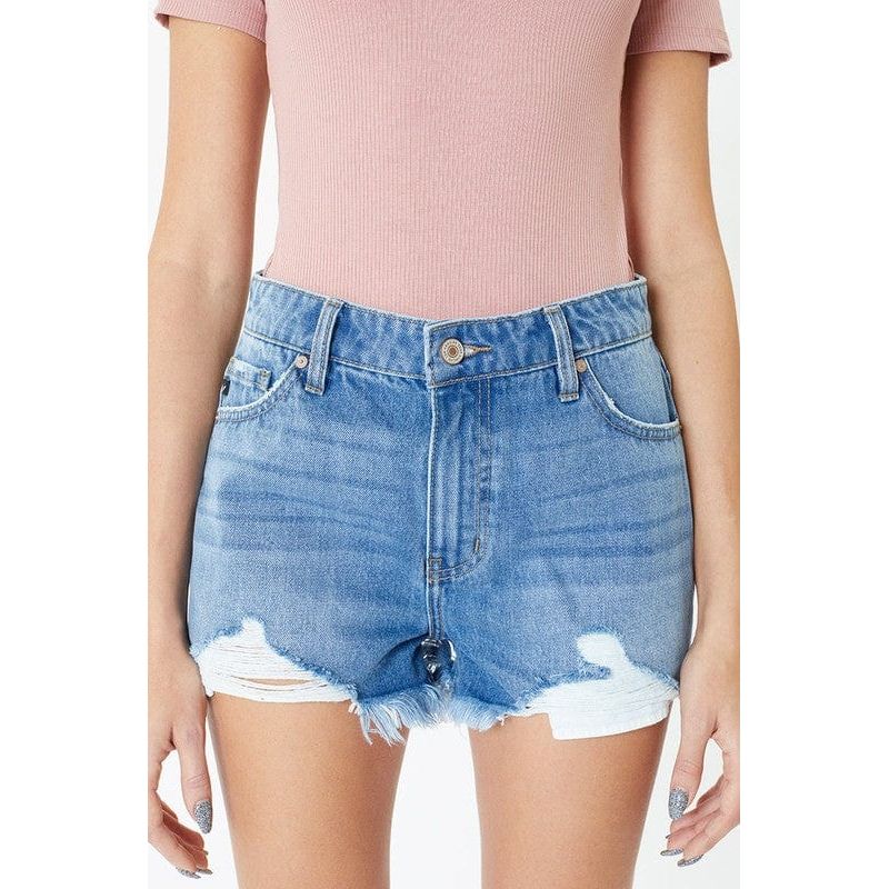 High rise medium wash frayed hem shorts- kc7259mn