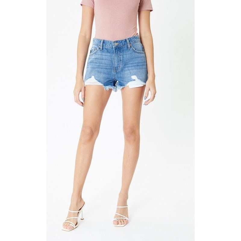 High rise medium wash frayed hem shorts- kc7259mn