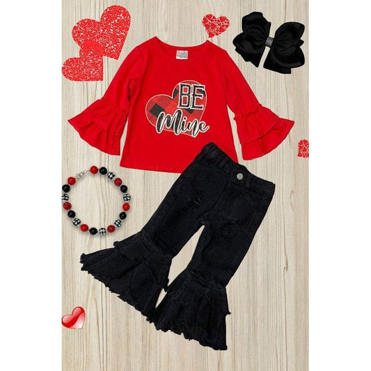 Be mine " girls graphic top w/ black denim bell pants.