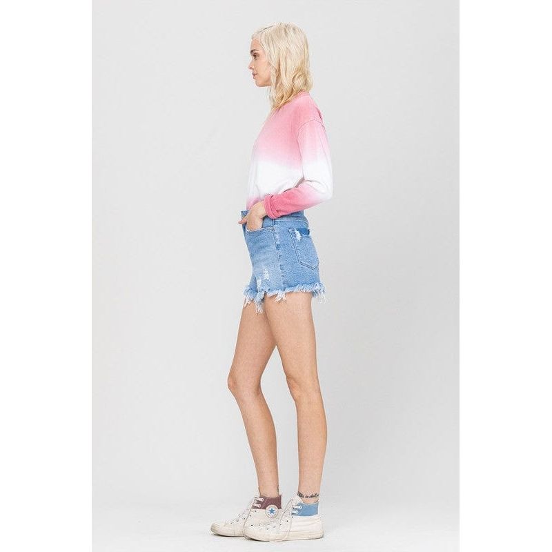 Stretch mom jeans shorts w fray hem
