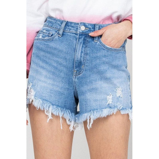 Stretch mom jeans shorts w fray hem