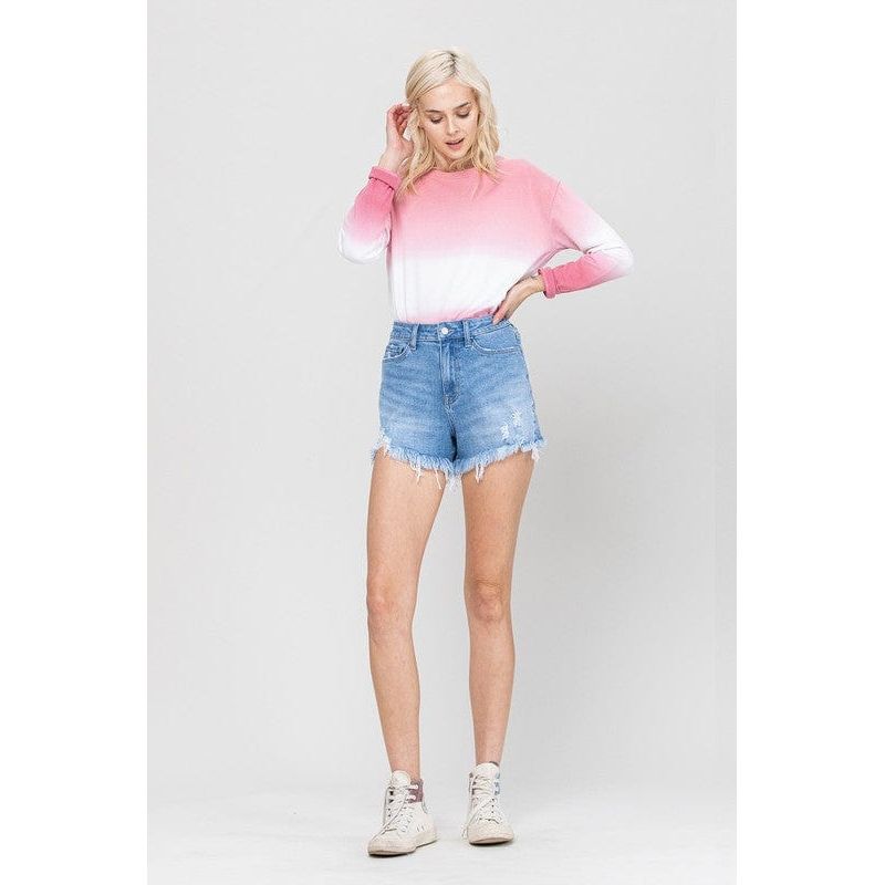 Stretch mom jeans shorts w fray hem