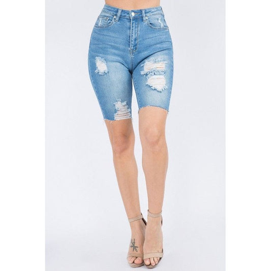 Distressed Denim Skinny Bermuda Shorts