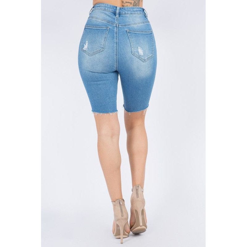 Distressed Denim Skinny Bermuda Shorts
