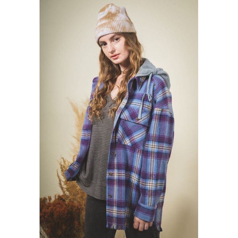 Plaid checked button down cozy hoodie jacket