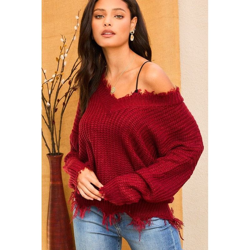 Frayed v neck sweater
