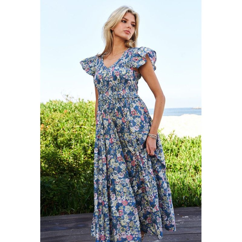 Vintage Garden Floral Flutter Smocking Midi Dress