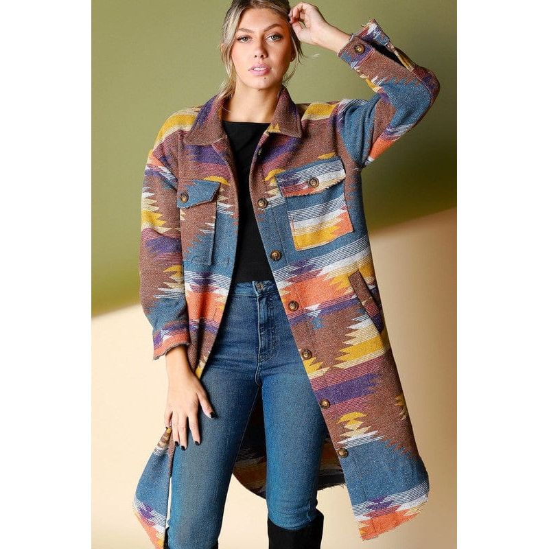Aztec tribal button down long coat