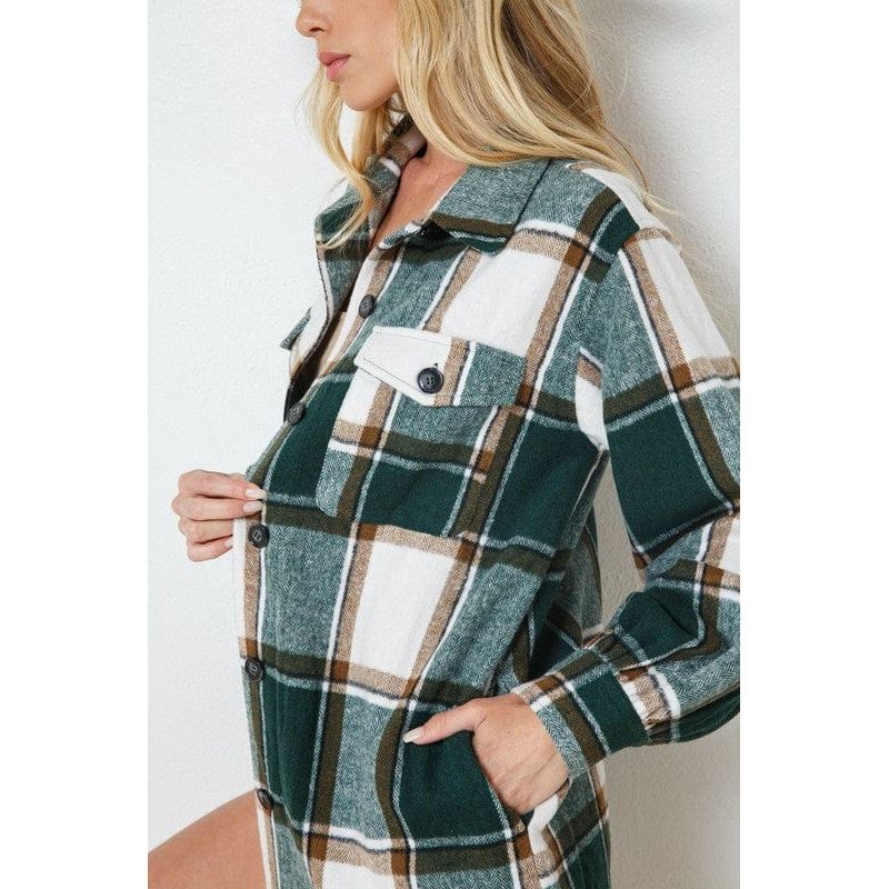 Plaid button up knee length long shirt jacket