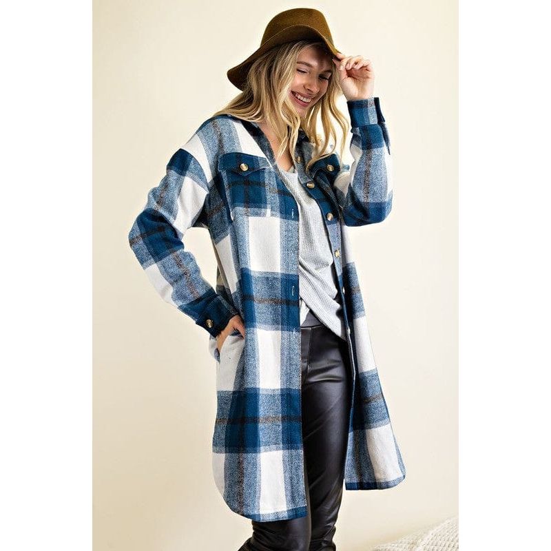 Button down plaid midi shirt jacket