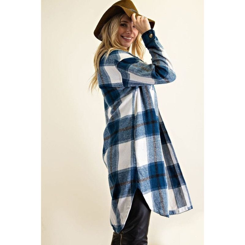 Button down plaid midi shirt jacket
