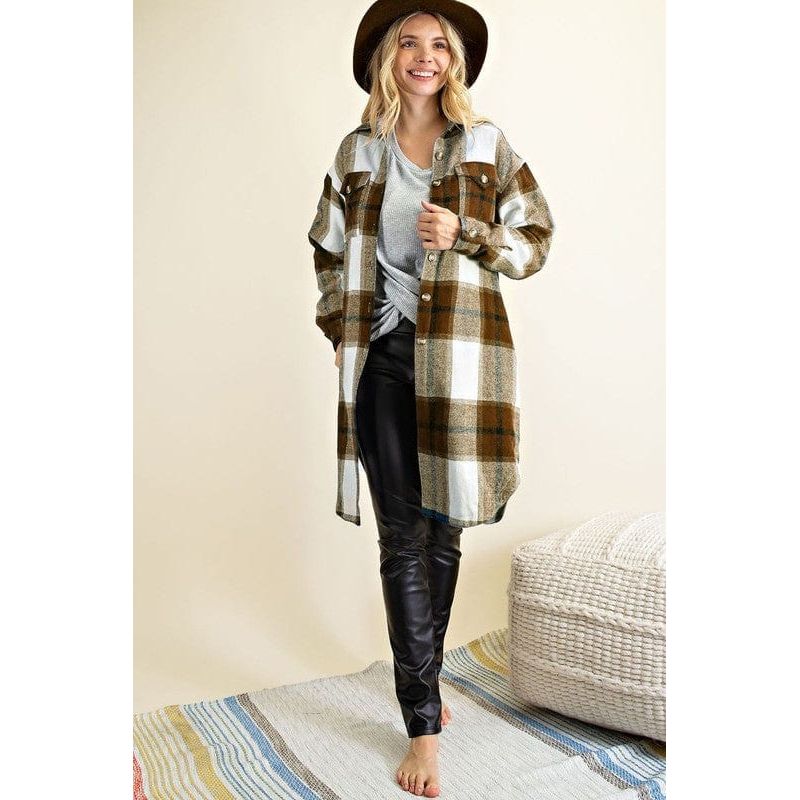 Button down plaid midi shirt jacket