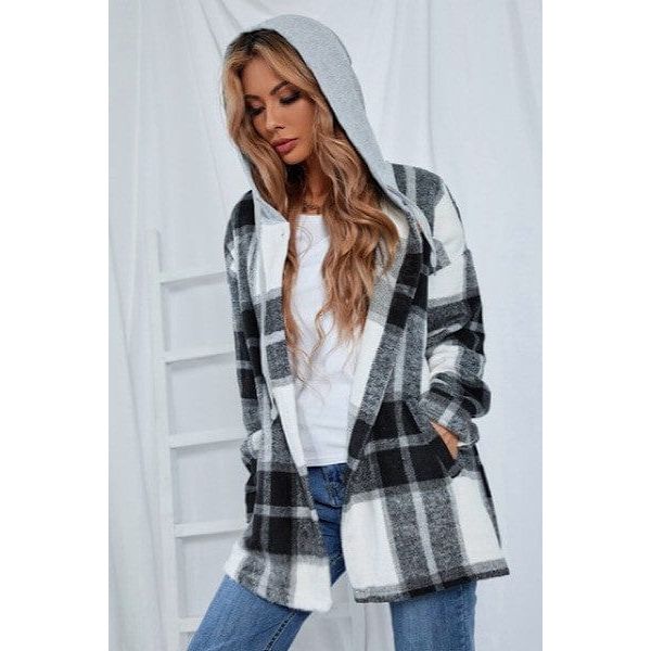 Plaid Drawstring Hooded Jacket