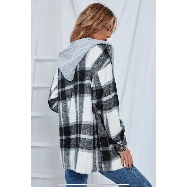Plaid Drawstring Hooded Jacket