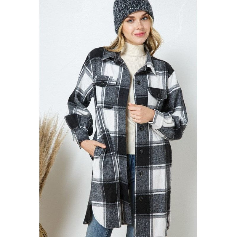 Plaid button up knee length long shirt jacket