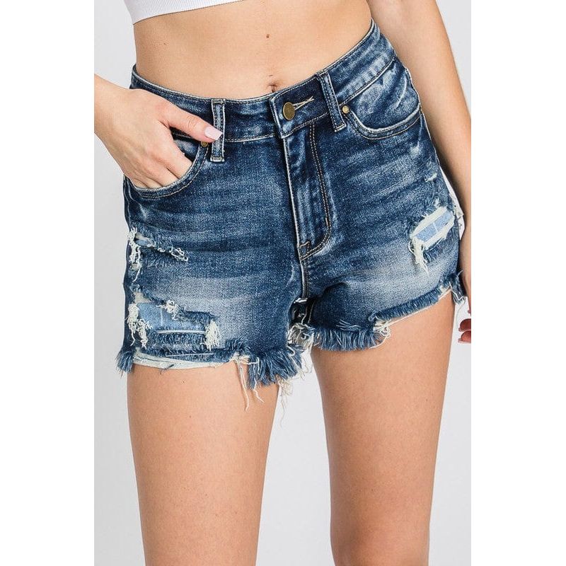 High rise stretch patched shorts w/ frayed hem