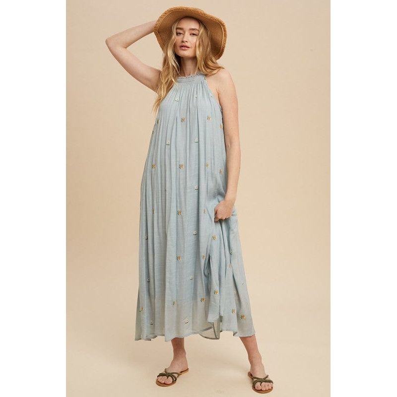 All over embroidered tie neck midi dress