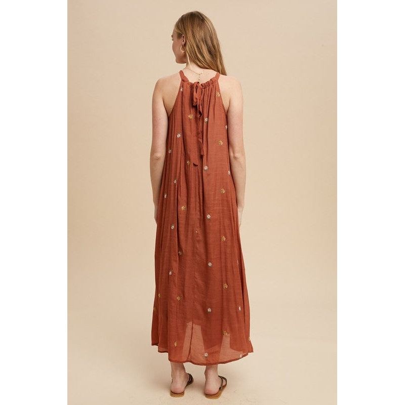 All over embroidered tie neck midi dress