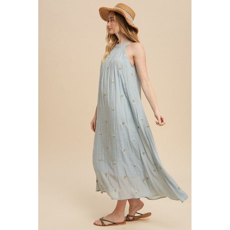 All over embroidered tie neck midi dress