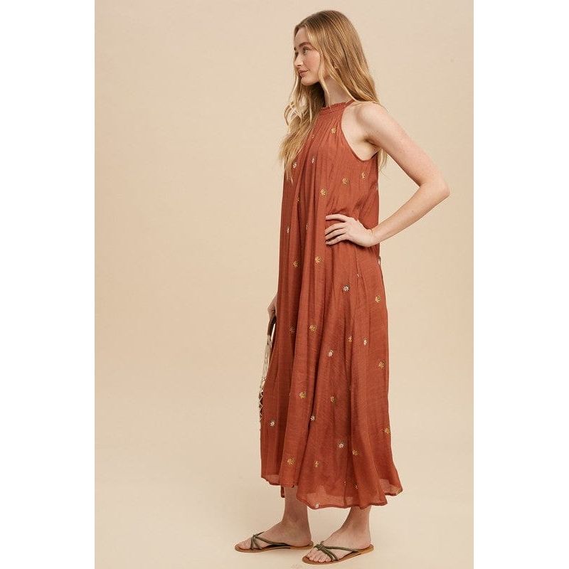 All over embroidered tie neck midi dress