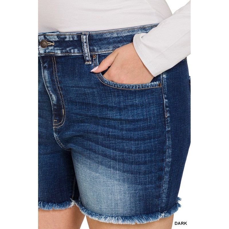 Plus mid rise raw frayed hem denim shorts