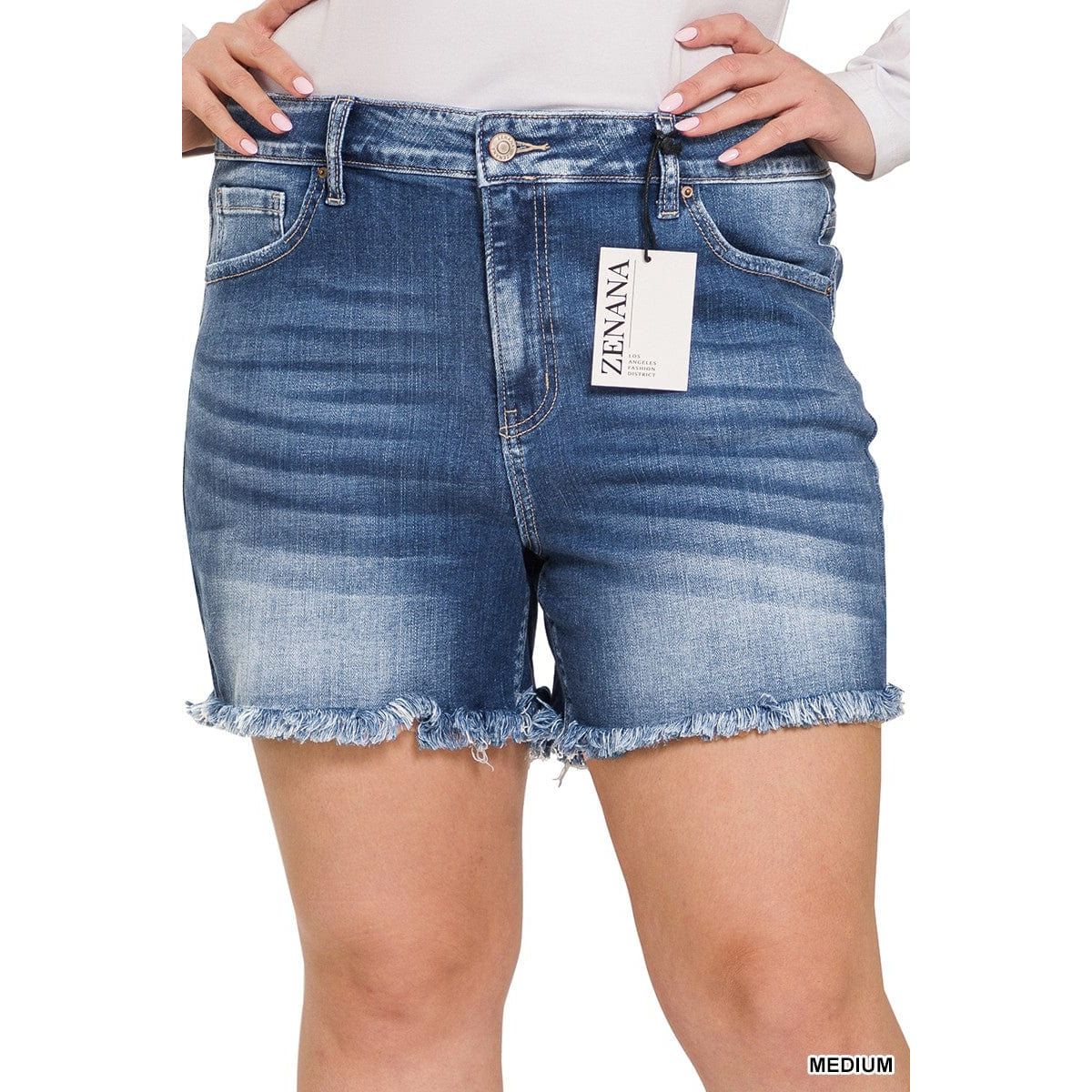 Plus mid rise raw frayed hem denim shorts