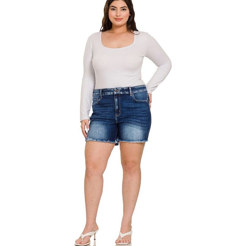 Plus mid rise raw frayed hem denim shorts