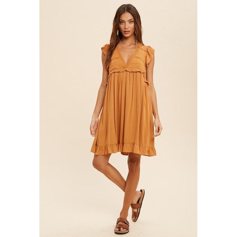 Lace accent ruffle trim mini dress