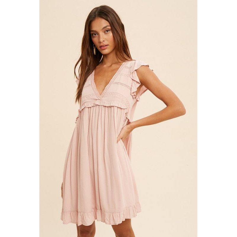 Lace accent ruffle trim mini dress