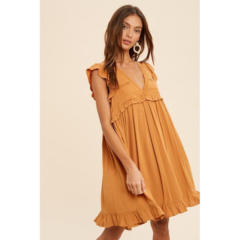 Lace accent ruffle trim mini dress