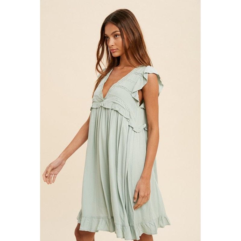 Lace accent ruffle trim mini dress