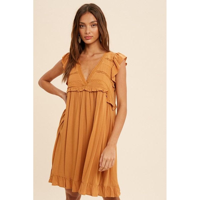 Lace accent ruffle trim mini dress