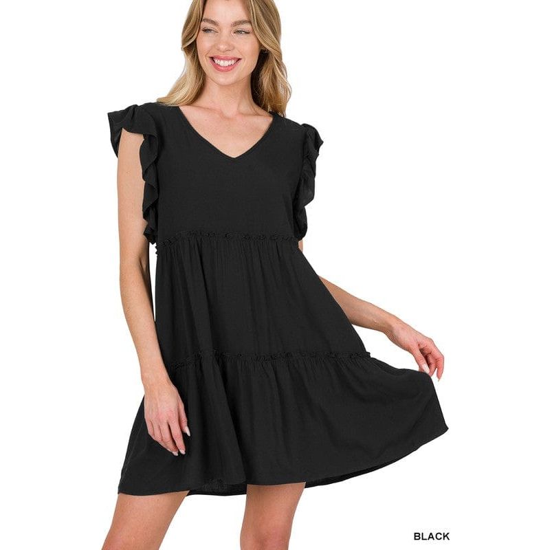 Woven ruffle sleeve tiered mini dress