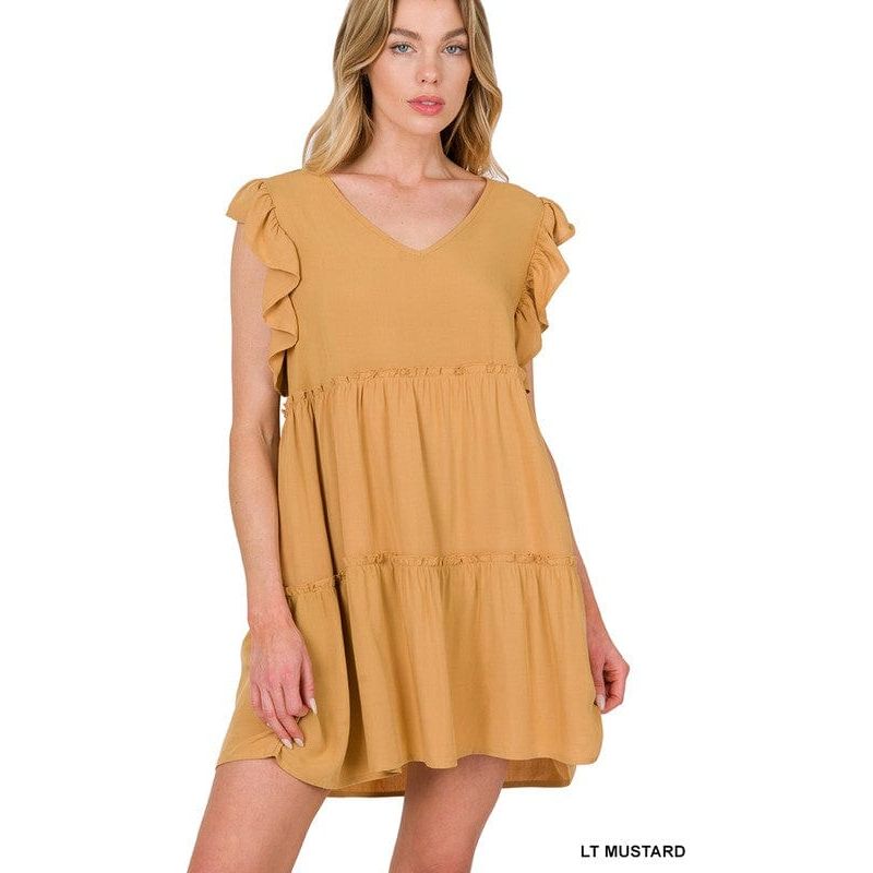 Woven ruffle sleeve tiered mini dress