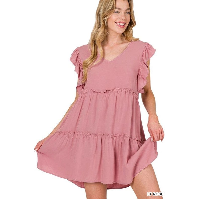 Woven ruffle sleeve tiered mini dress
