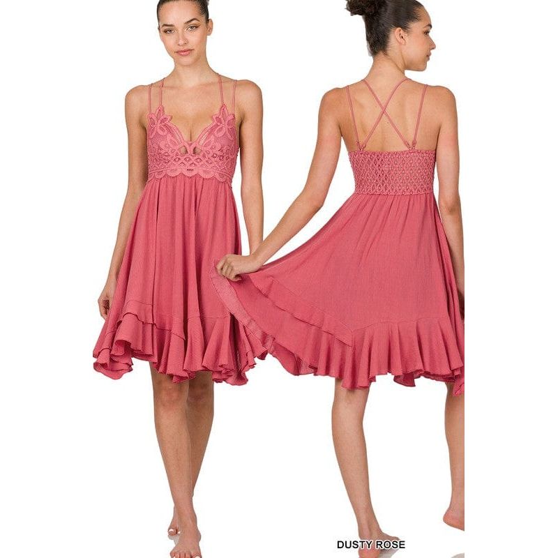 Crochet lace asymmetric ruffle trim cami dress