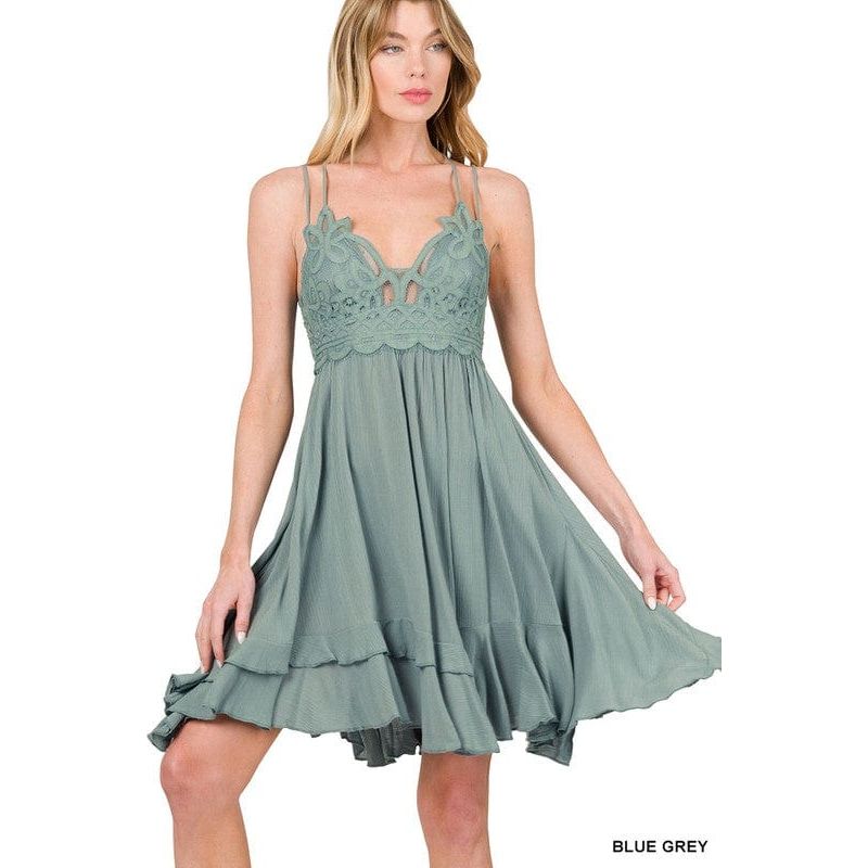 Crochet lace asymmetric ruffle trim cami dress