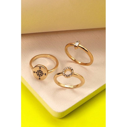 Compass Rhinestone Circle Ring Set