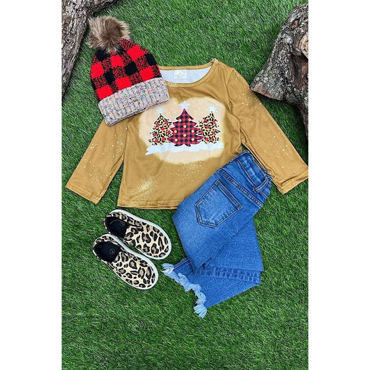 Golden, Multi-printed Christmas Treen Long Sleeve Top.