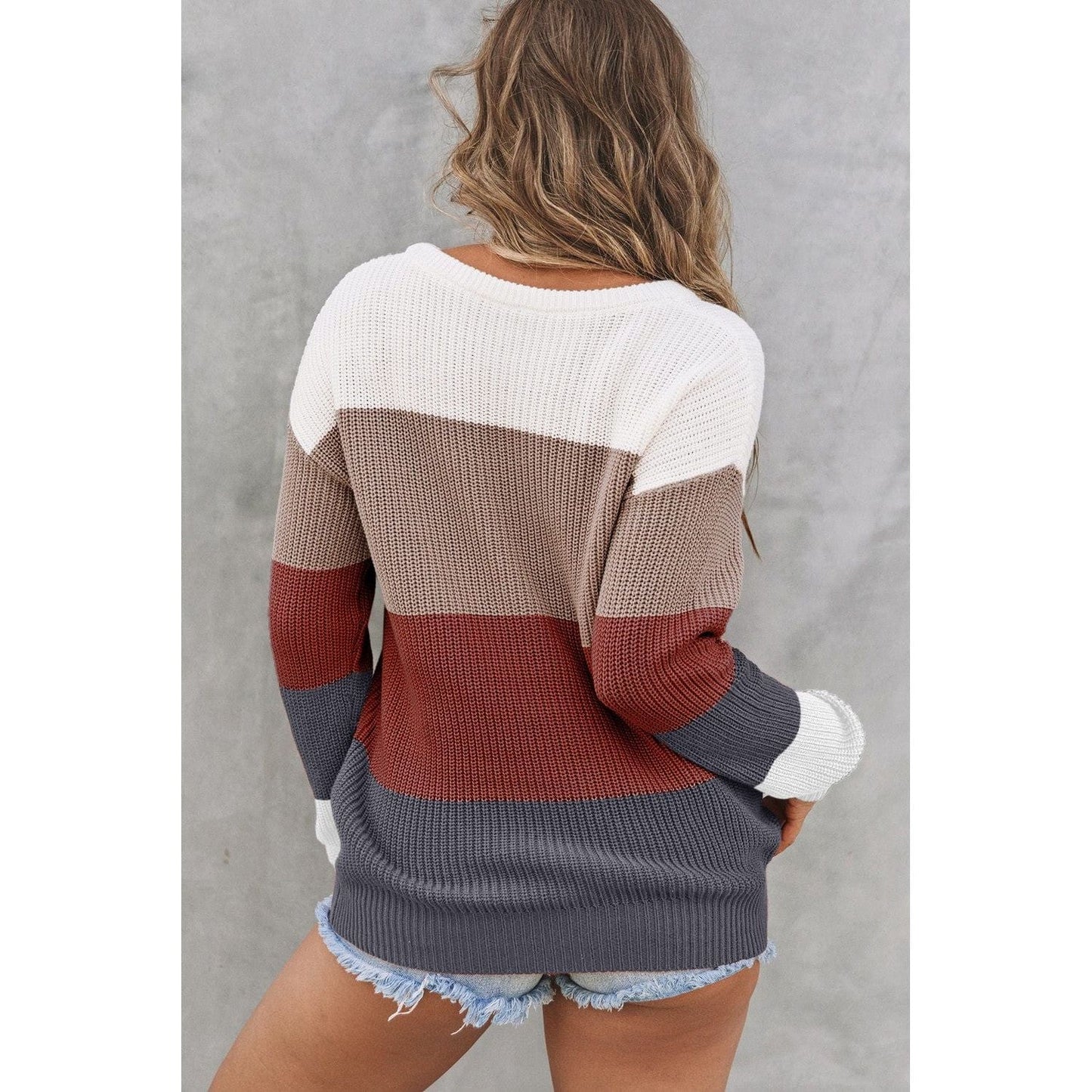 Color Block Knitted O-neck Pullover Sweater