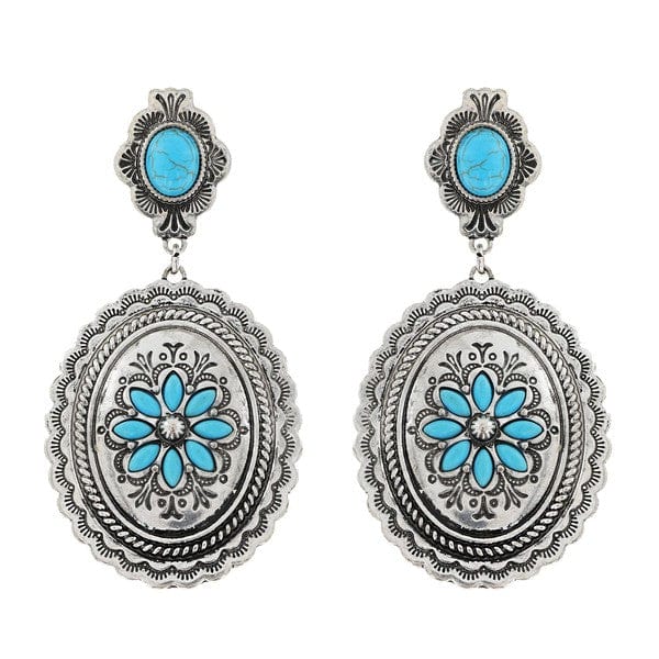 Floral Scalloped Concho Turquoise Western Earrings